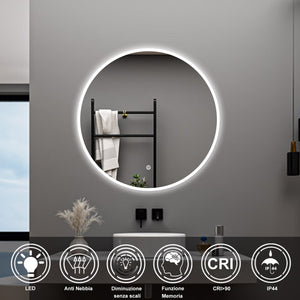 AICA Specchio da bagno 120 x 120 cm, antiappannamento, dimmerabile, interruttore touch, Funzione Memoria