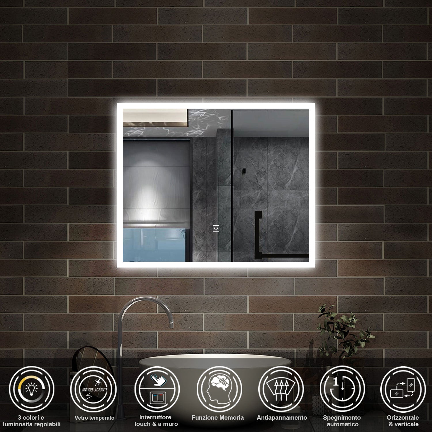 60 x 50 cm,AICA Specchio da Bagno LED con Luce, 3 Colori Regolabili,memoria, antiappannamento,CRI>90,autospegnimento