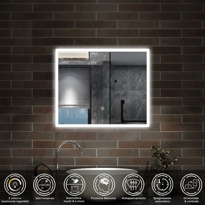 60 x 50 cm,AICA Specchio da Bagno LED con Luce, 3 Colori Regolabili,memoria, antiappannamento,CRI>90,autospegnimento