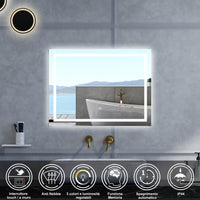 Specchio da bagno Rettangolare con 120x80cm,3 colori,Memoria, Antifog,Regorabile,Retroilluminato,doppio interruttore,