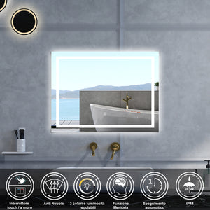 Specchio da bagno Rettangolare con 120x80cm,3 colori,Memoria, Antifog,Regorabile,Retroilluminato,doppio interruttore,