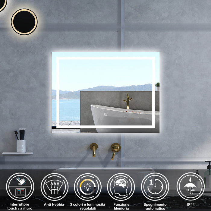 Specchio da bagno Rettangolare con 120x80cm,3 colori,Memoria, Antifog,Regorabile,Retroilluminato,doppio interruttore,