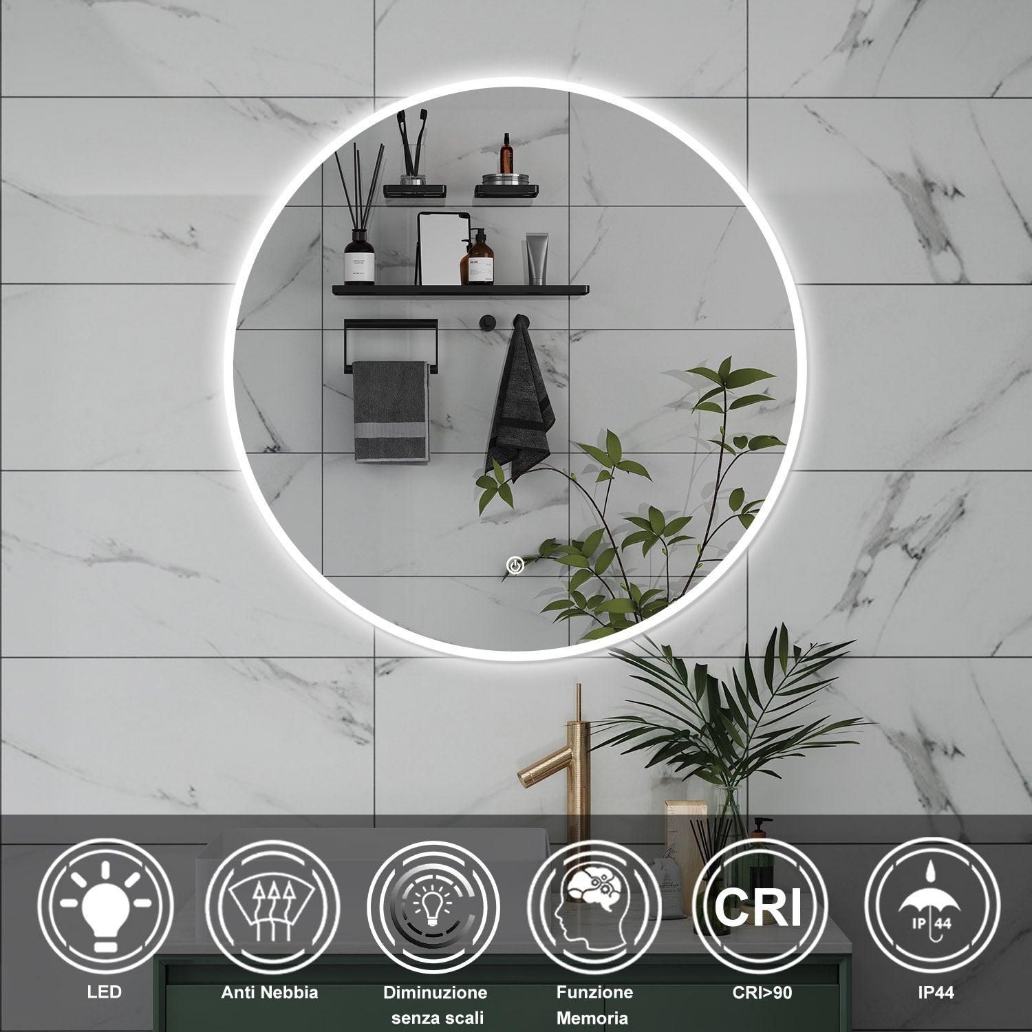 AICA Specchio da bagno 100 x 100 cm, antiappannamento, dimmerabile, interruttore touch, Funzione Memoria