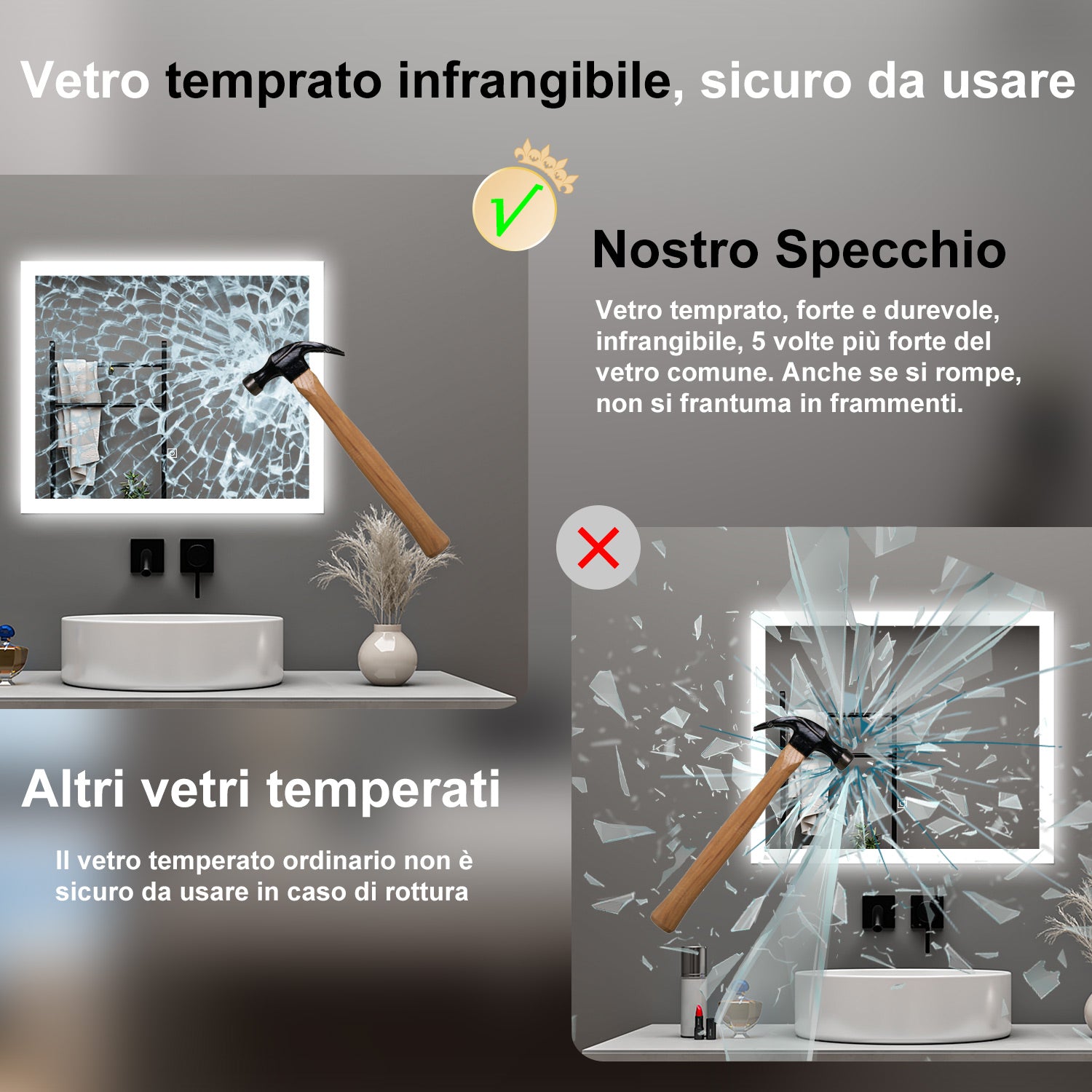 AICA Specchio da bagno  90 x 70 cm, dimmerabile, Funzione Memoria, antiappannamento, 3 colori