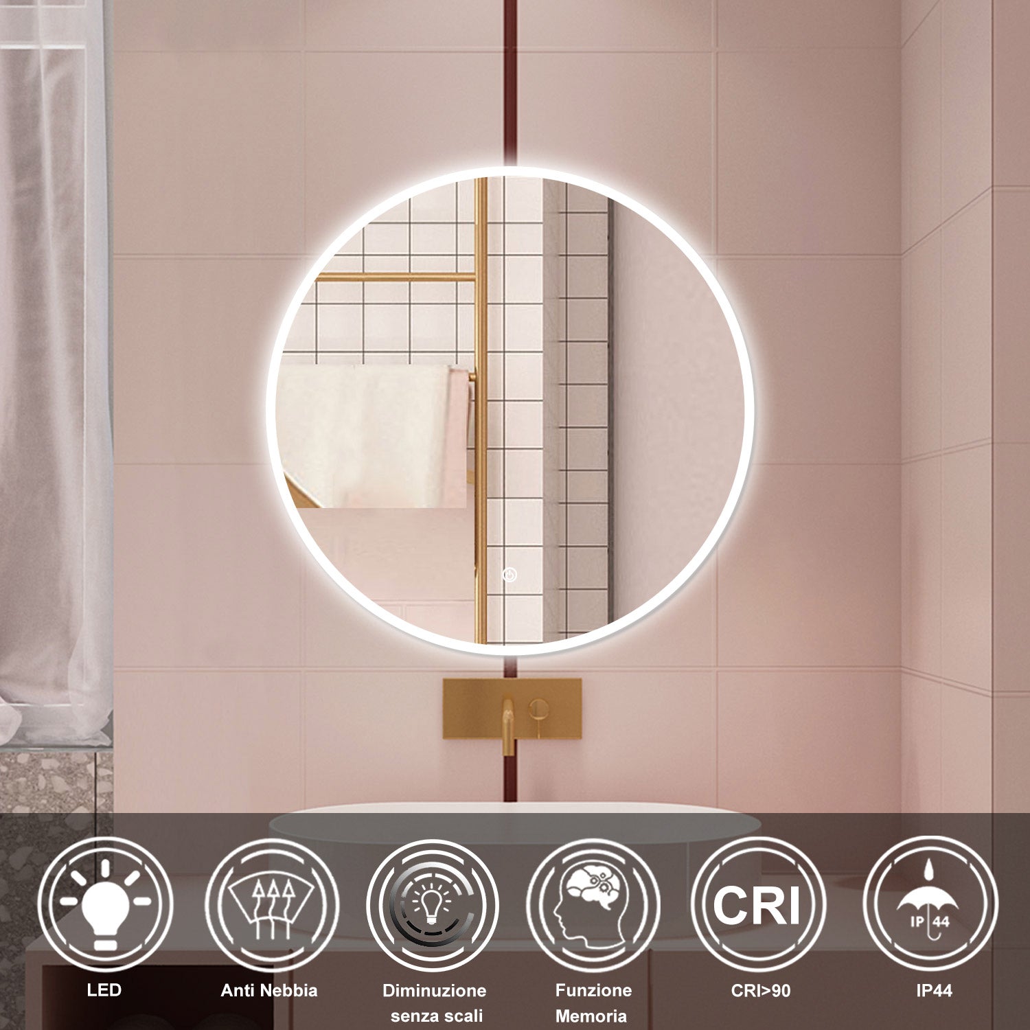 AICA Specchio da bagno 90 x 90 cm, antiappannamento, dimmerabile, interruttore touch, Funzione Memoria