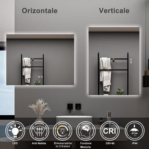 AICA Specchio da bagno 80 x 60 cm, dimmerabile, Funzione Memoria, antiappannamento, 3 colori