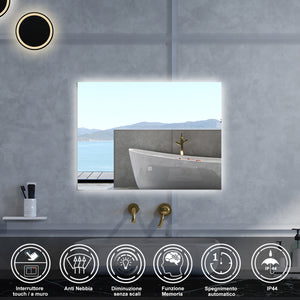 Specchio da bagno Rettangolare con 80x60cm,Memoria, Antifog,Regorabile,Retroilluminato,doppio interruttore,