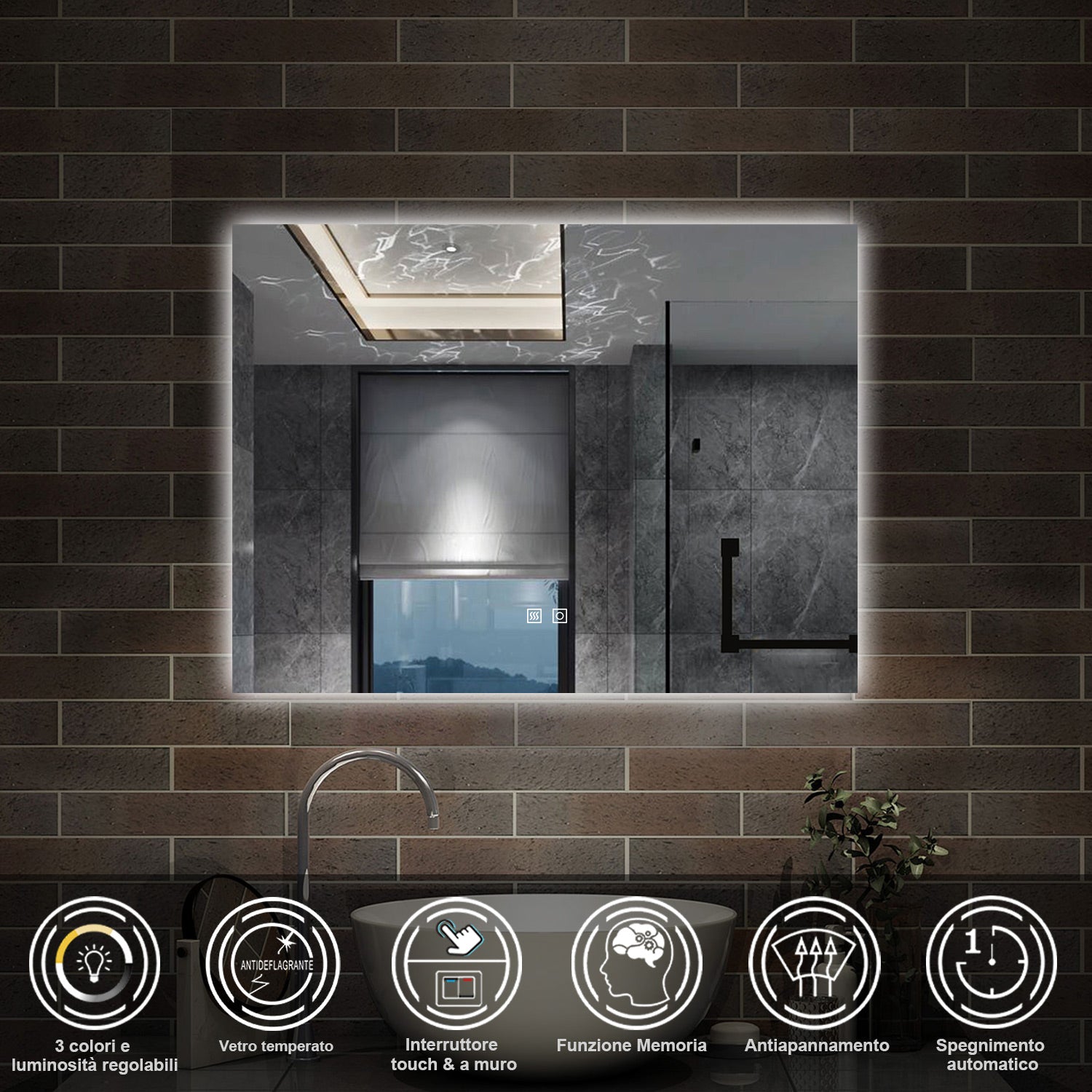 90 x 70 cm,AICA Specchio da Bagno LED con Luce, 3 Colori Regolabili,memoria, antiappannamento,CRI>90,autospegnimento