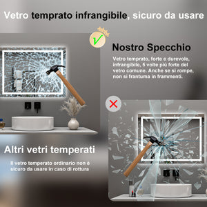 AICA Specchio da bagno  100 x 60 cm, dimmerabile, interruttore touch, Funzione Memoria, antiappannamento