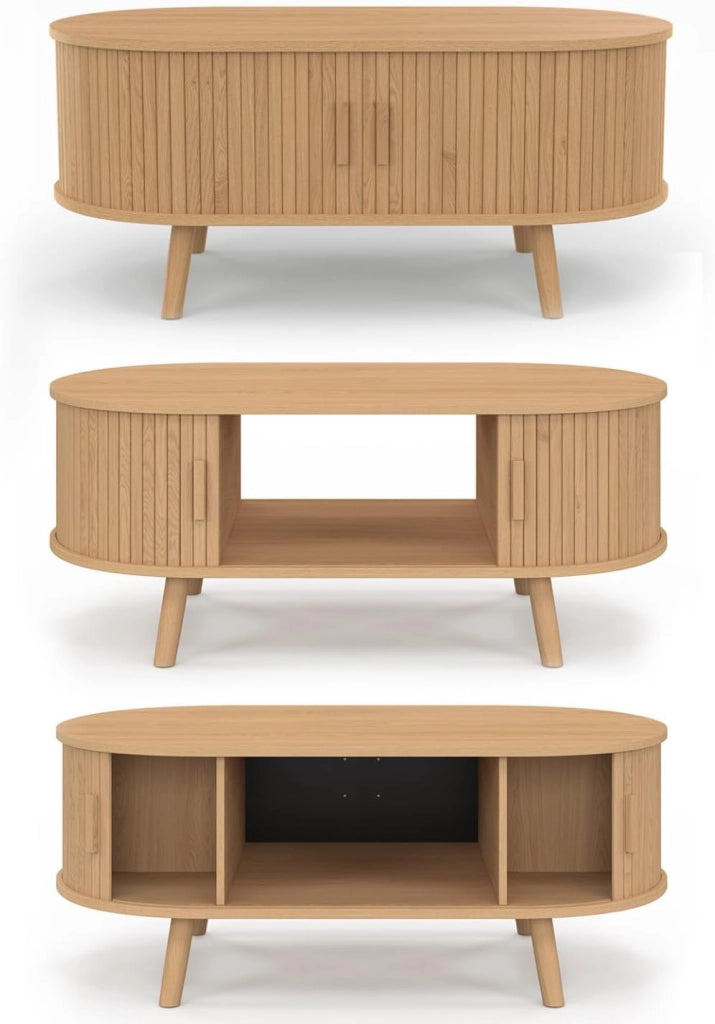 Tavolino ovale ROMIE, 100 cm, 2 ante scorrevoli, doghe in legno color rovere