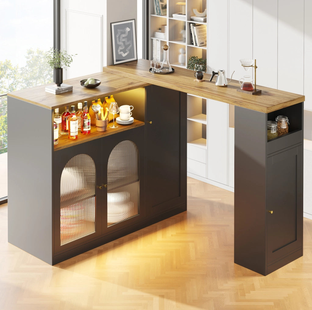 Mobile bar girevole a 360° con LED e vetrina, nero