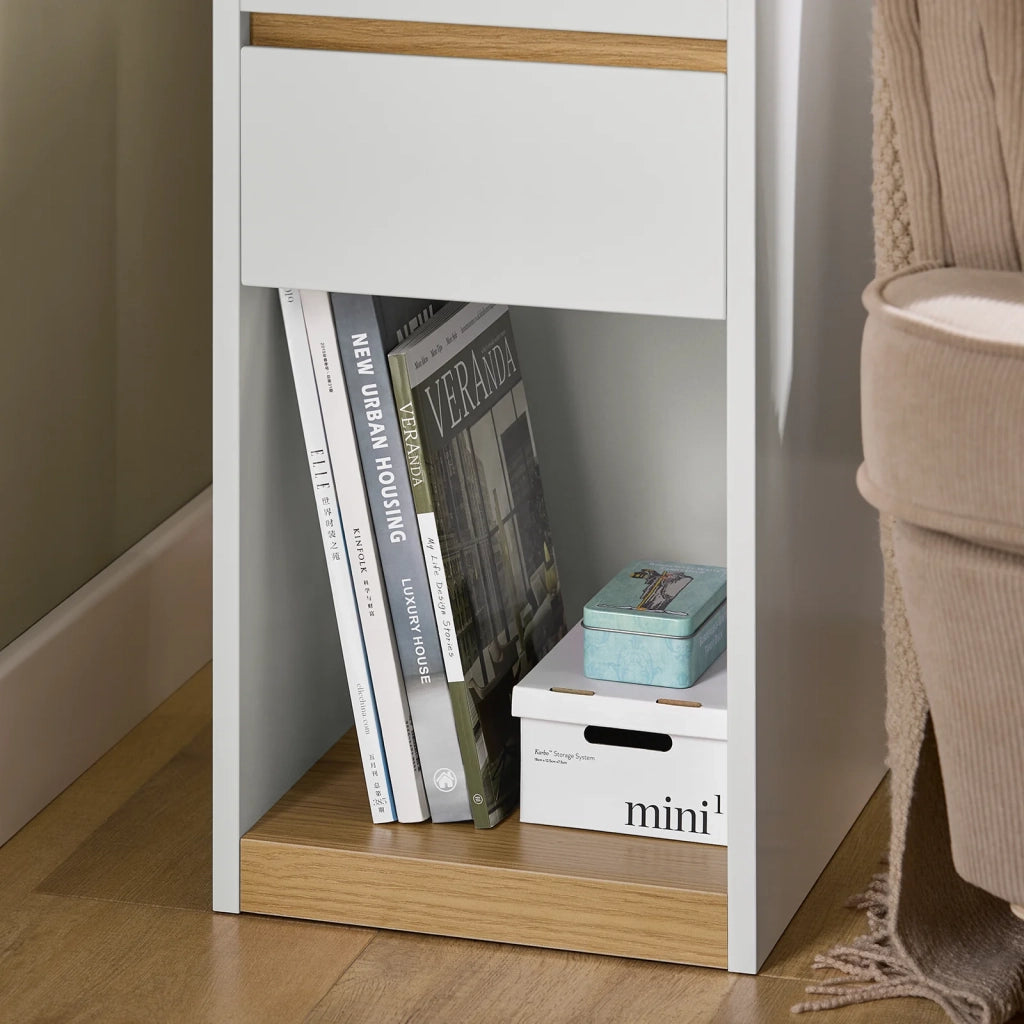 Tavolino laterale Comodino con cassetto Bianco-Naturale 30x35x55cm FBT137-W