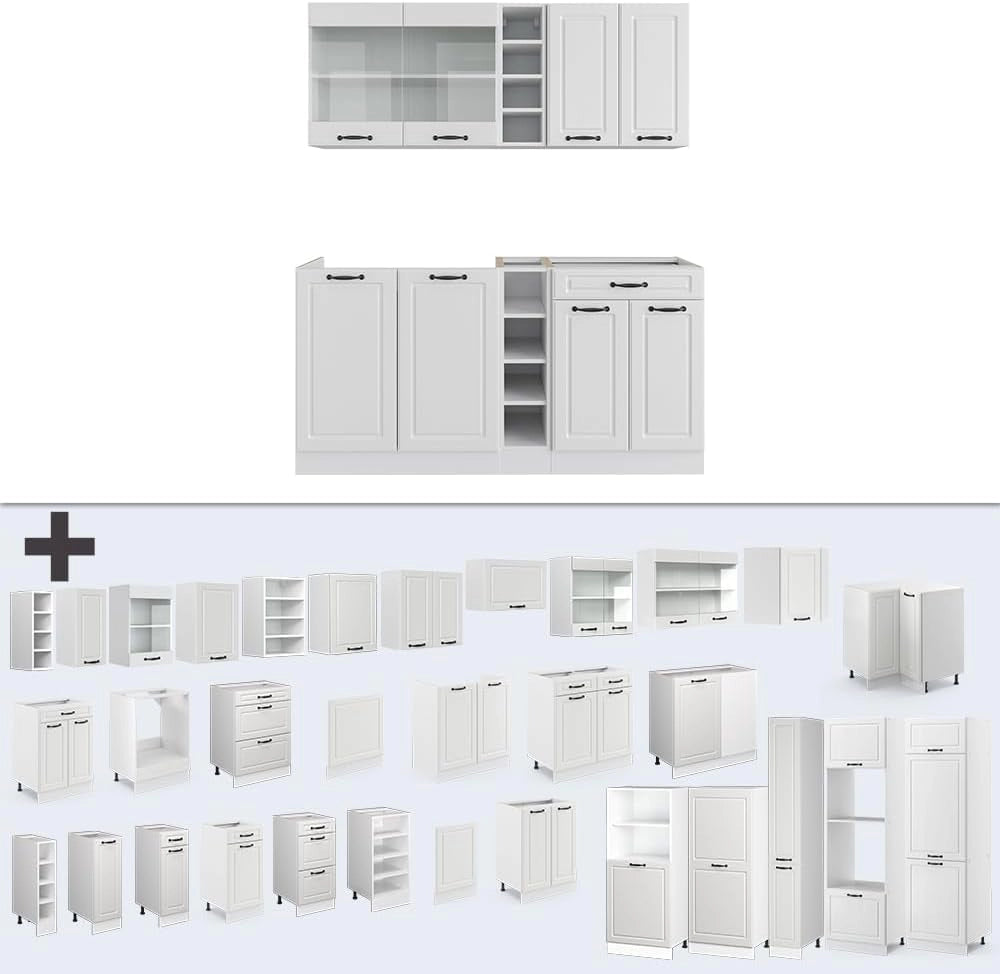 Cucina completa R-Line, Casa di campagna bianca/bianco, 160 cm, PL Marmo, con disposizione flessibile dei moduli ed espandibile