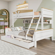 Letto a castello con mulino, cassetti e scaffali, bianco naturale, 90x200/140x200 cm