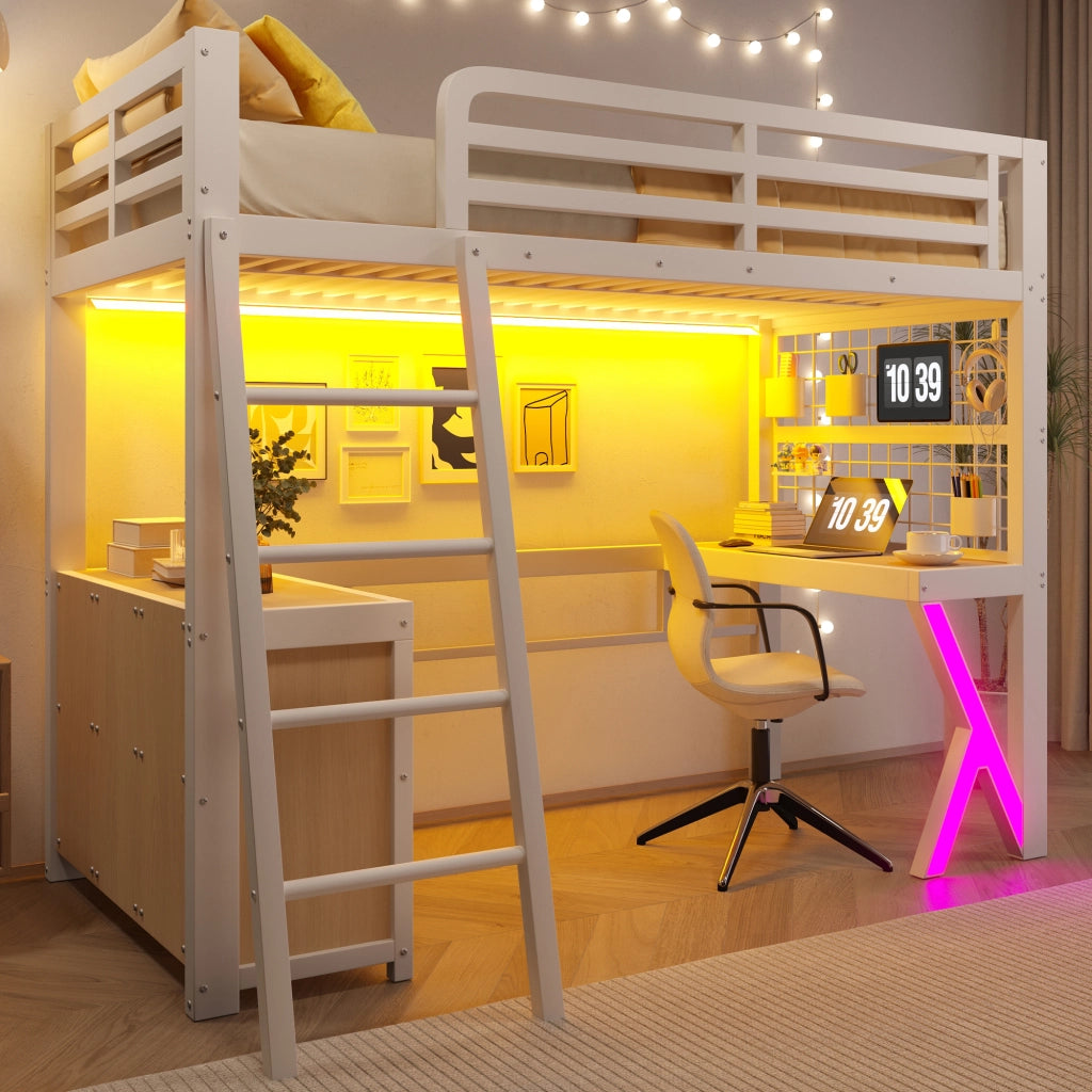 Letto a soppalco 90x200 cm con scrivania; armadio e striscia LED; in metallo e MDF bianco