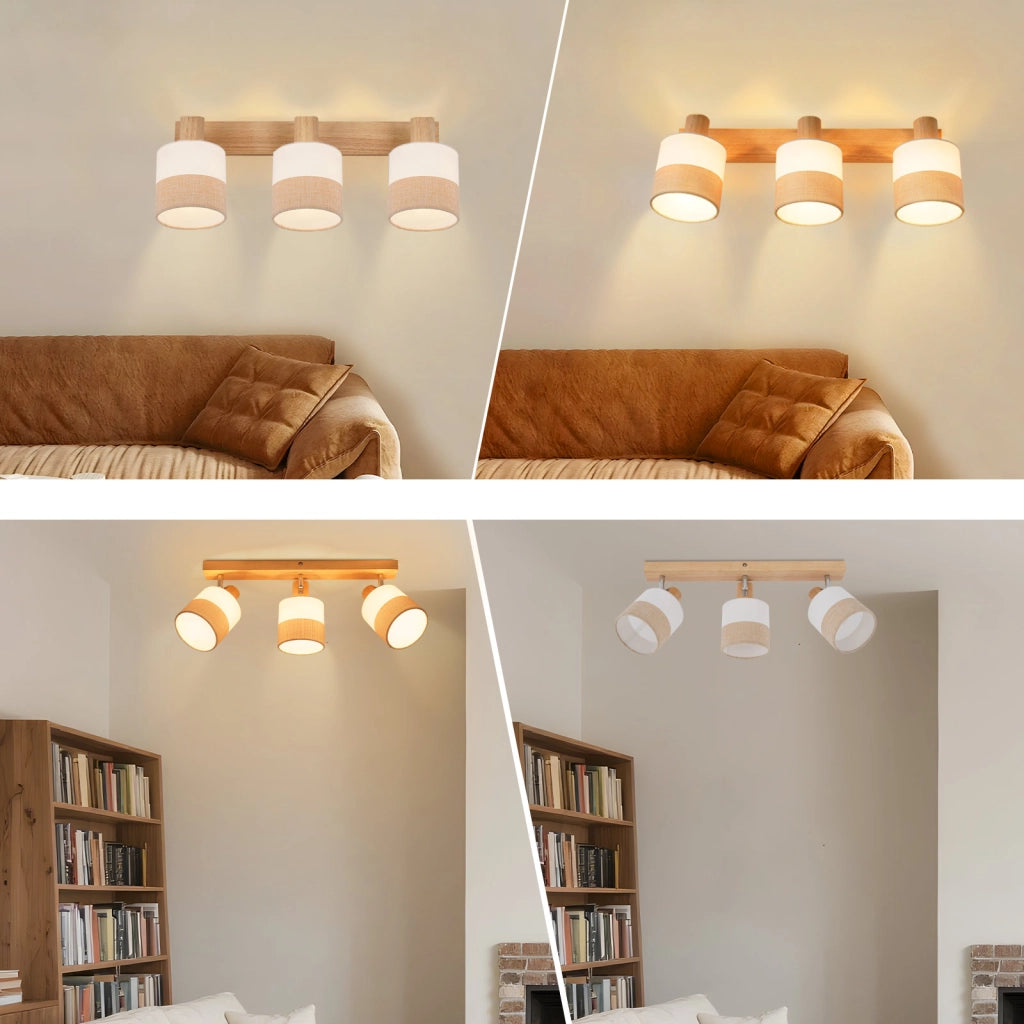 ZMH Faretto da soffitto vintage 3 luci E14 legno tessuto orientabili 350° max 25W senza lampadina