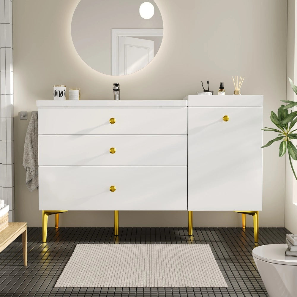 Mobile da Bagno con Lavabo in Ceramica, Cassetti e Ante ¨C Xylo ¨C Bianco e Oro