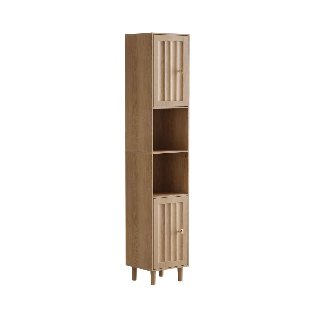 Armadio alto bagno 32x30x169 cm con ante scanalate e maniglie dorate in MDF naturale