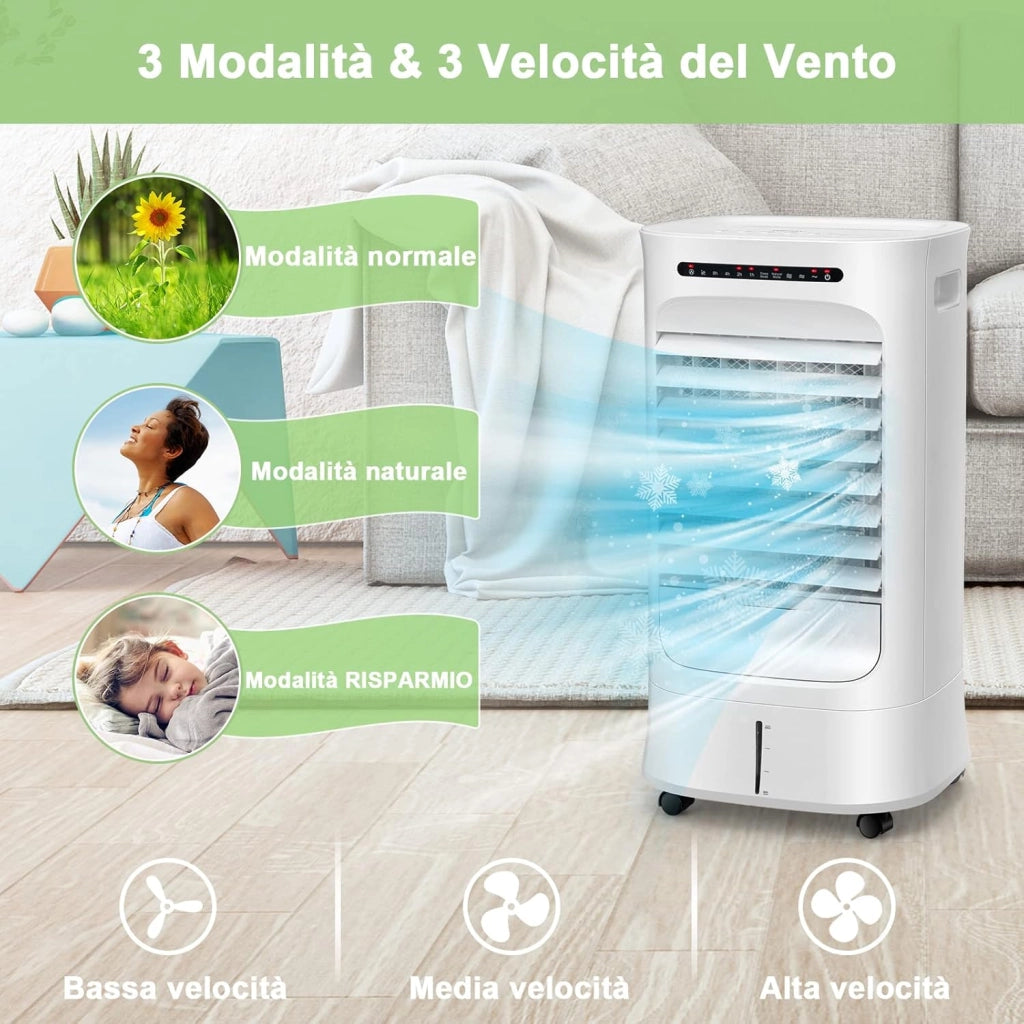 Condizionatore Portatile 4 in 1, Con Raffreddamento, Ventola, Umidificazione, Purificazione, Serbatoio dell’acqua di 10 L, 15H Timer, Con Telecomando e Ruote
