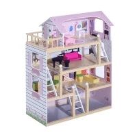 Casa delle Bambole per Bambini 3+ Anni in Legno di Pino e MDF a 4 Piani con 13 Accessori, Rosa, 60x30x80 cm