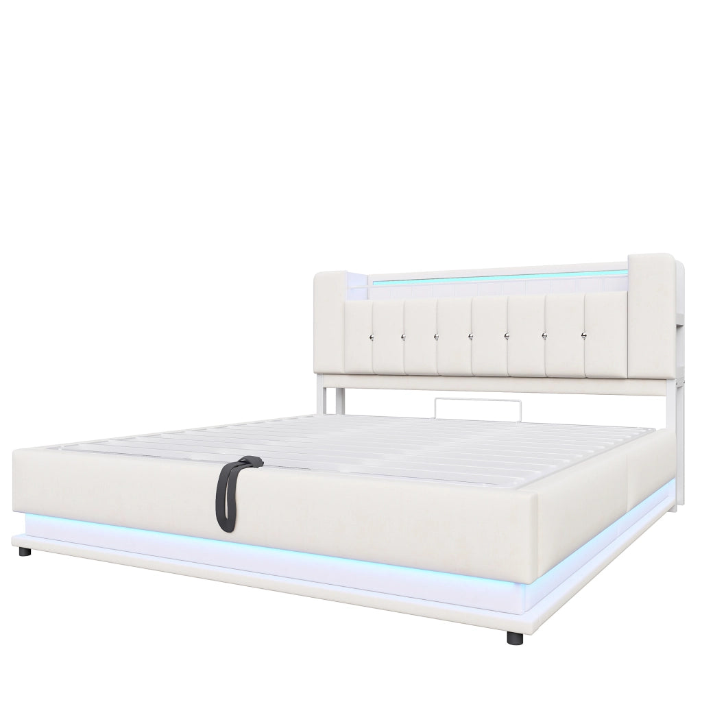 DESMIU Letto contenitore 180 × 200 cm 2 posti con LED, USB e vano idraulico, senza materasso, in velluto, beige