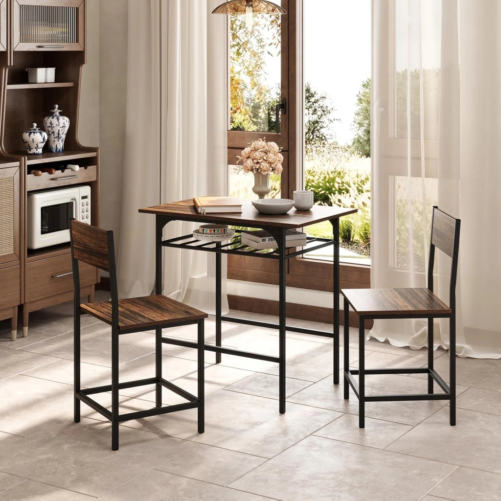 Set da pranzo 3 pezzi, tavolo da pranzo con ripiano per bottiglie e 2 sedie con schienale, design compatto, stile industriale, tavolo da colazione per 2 persone (marrone)