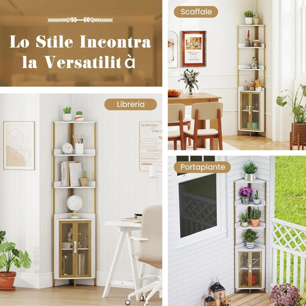 Scaffale Angolare a 6 Ripiani, Libreria Alta 170 cm con Armadietto, Scaffale Industrial per Libri con Ante, Multiuso per Soggiorno, Camera da Letto (Bianco)
