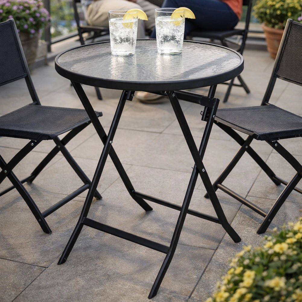 Tavolino Pieghevole Rotondo con Struttura Nera Tavolo Piano in Vetro 60x60x71cm