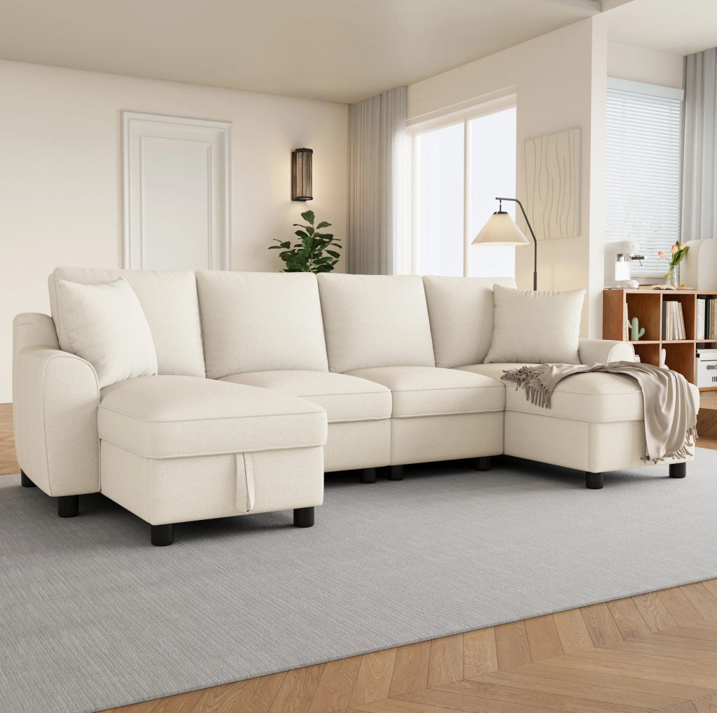 Divano a U in ciniglia beige con vano contenitore, 280 cm