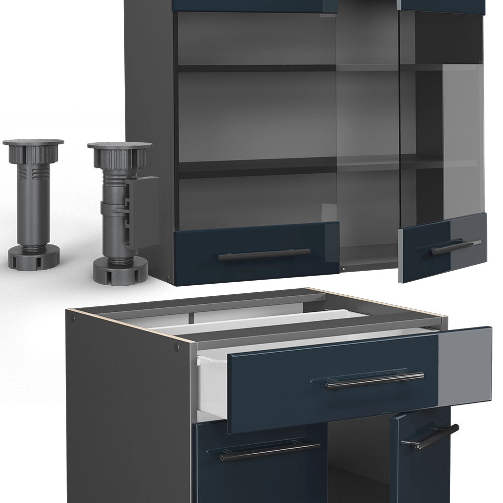 Cucina singola Fame-Line Blu scuro lucido/Antracite 140 cm, PL Rovere Vicco