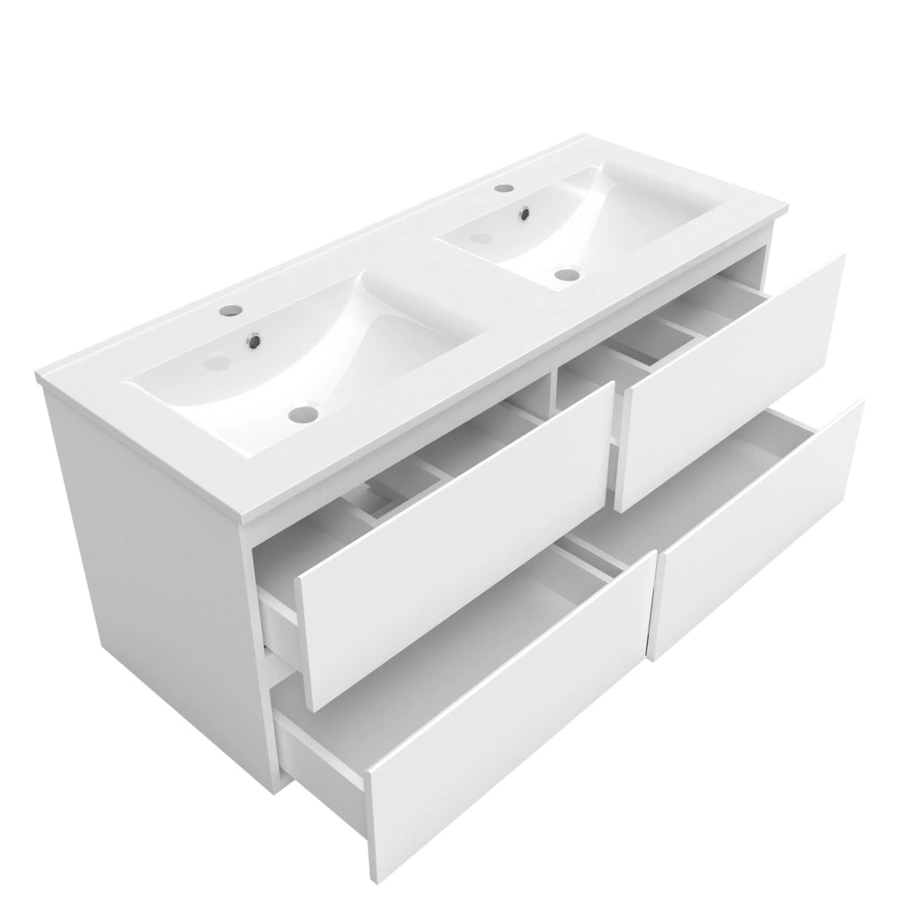Mobile bagno 120cm con quattro cassetti e doppio lavabo incassato, sospeso, bianco
