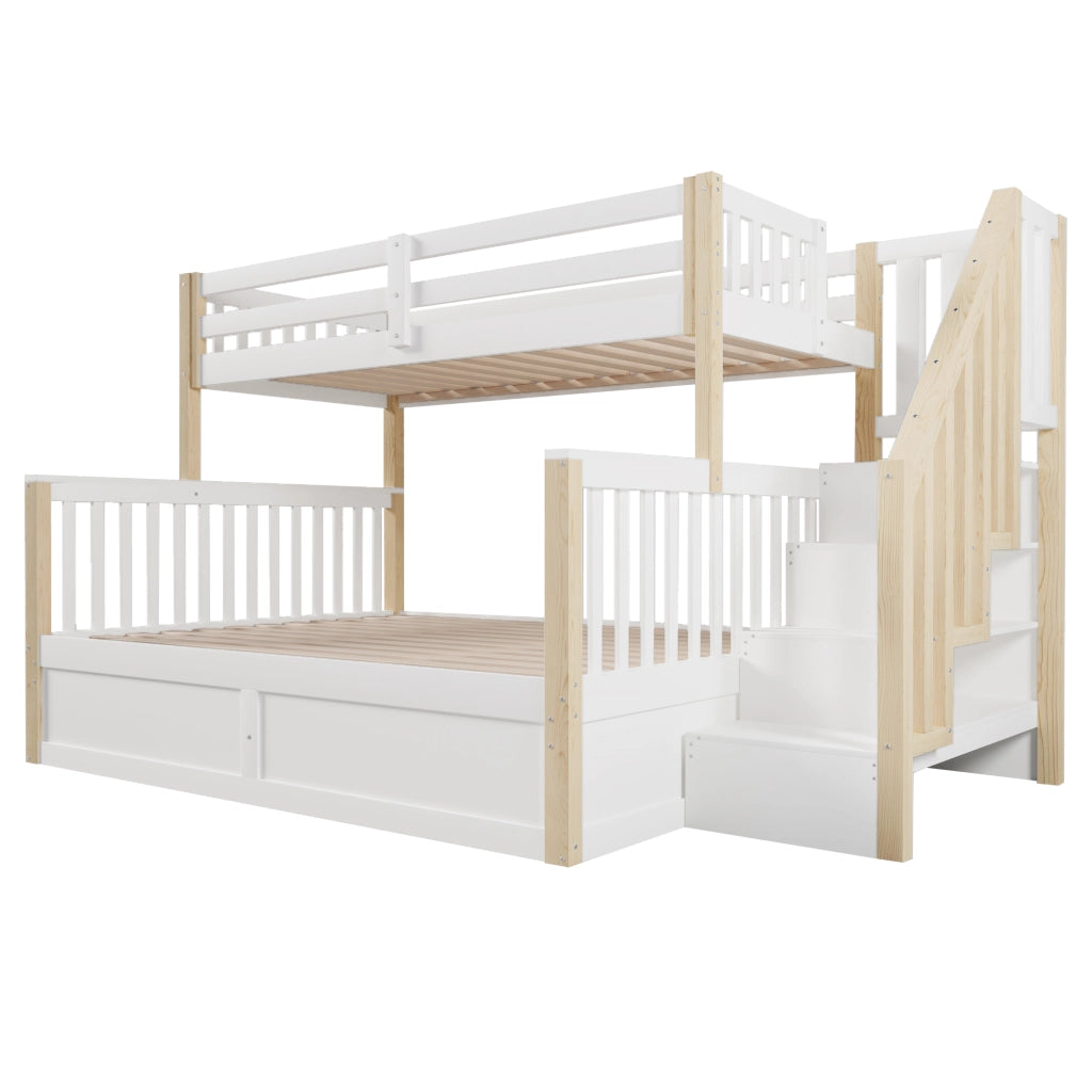 Letto a Castello con Contenitore ¨C MINIMAL ¨C Bianco/Naturale, 90x200 + 140x200, Idraulico