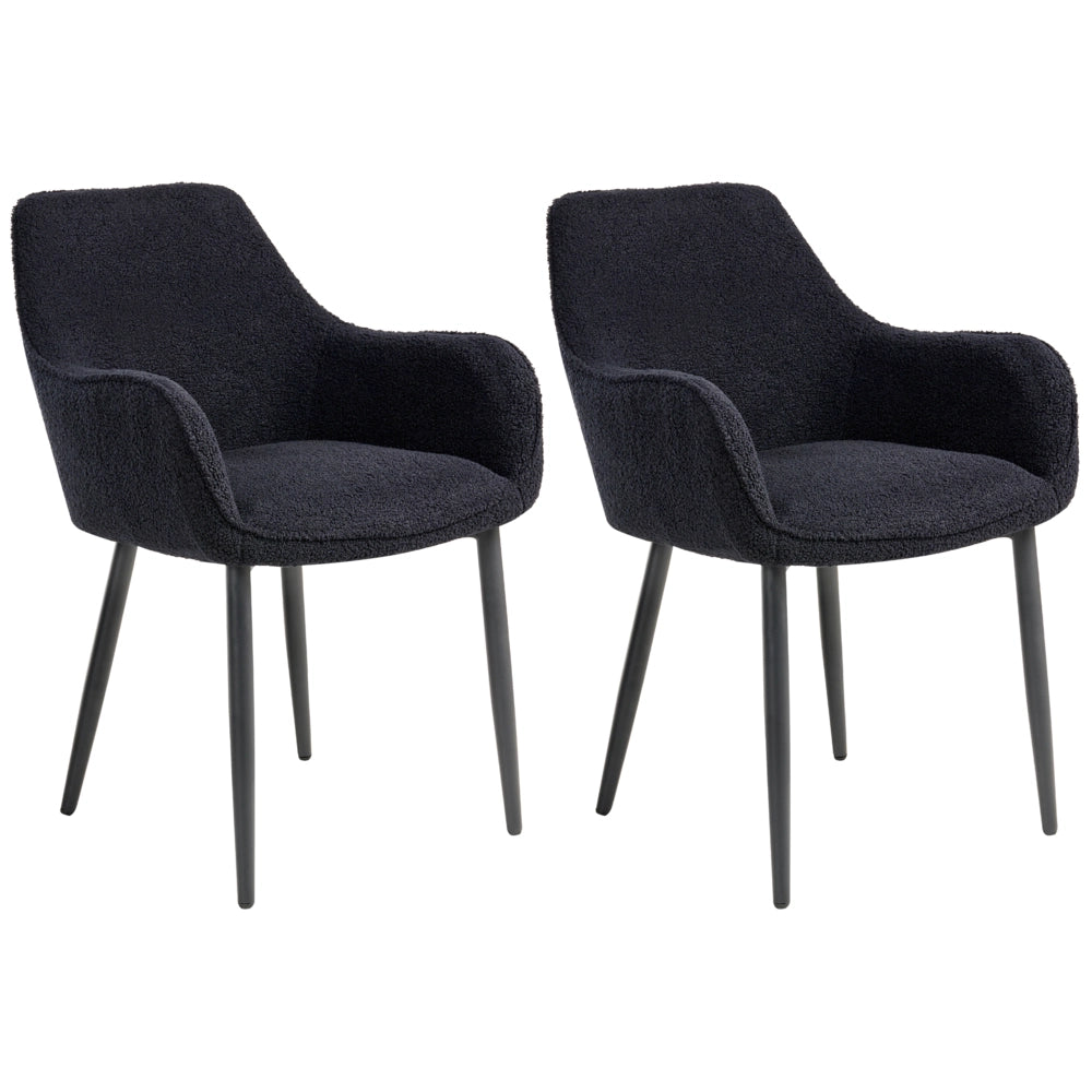Set di 2 sedie da pranzo in tessuto bouclè nero braccioli schienale intagliato gambe in metallo moderna industriale