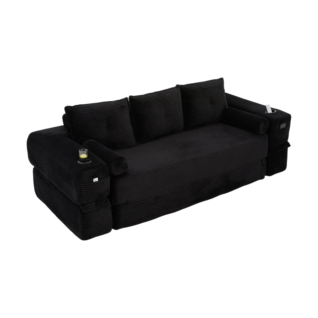 Divano letto 3 posti in tessuto cord con cuscini memory; tasche laterali e portabicchieri; nero