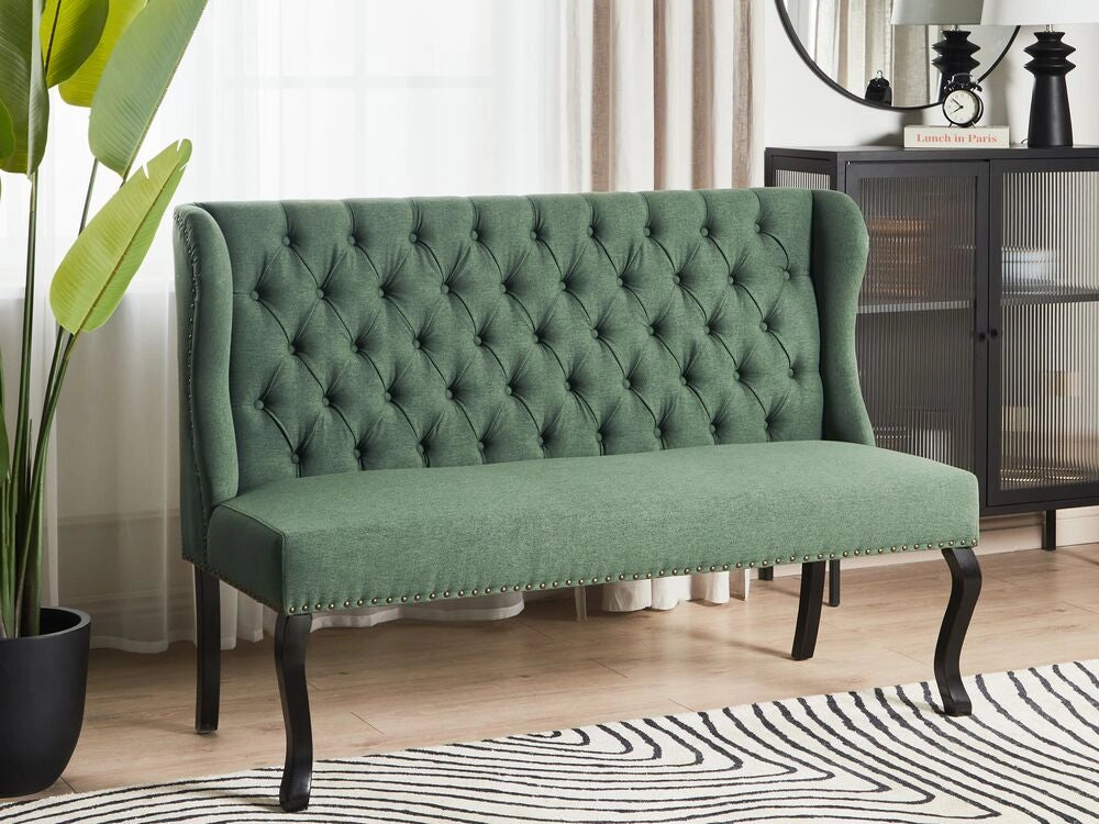 Divano da cucina a 2 posti con schienale in tessuto in poliestere verde con gambe nere stile vintage