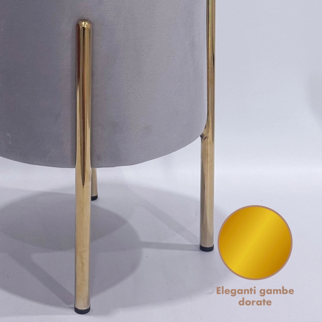 Pouf Contenitore in Velluto Moderno con Gambe Oro – Poggiapiedi Salvaspazio, Sgabello Arredo Elegante 30x45 cm per Soggiorno e Camera Grigio
