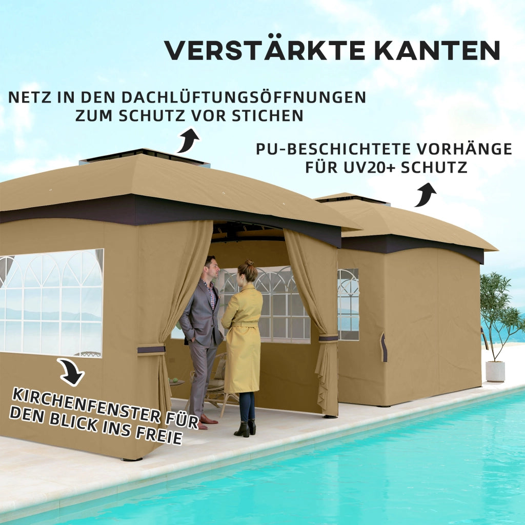 Gazebo da Giardino Con Doppio Tetto E 4 Teli Laterali; Poliestere PU; Beige; Protezione UV20+; 335×335×285 cm