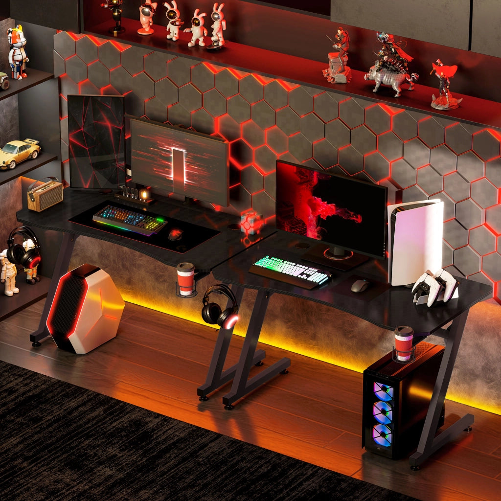 Scrivania Gaming con Supporto Monitor e Porta Auricolari ¨C zephmum ¨C Nero Effetto Fibra di Carbonio 120x65x74.5 cm