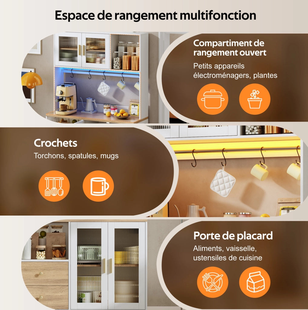Credenza alta da cucina 178 cm con LED; prese USB; ante in vetro temperato; bianco naturale