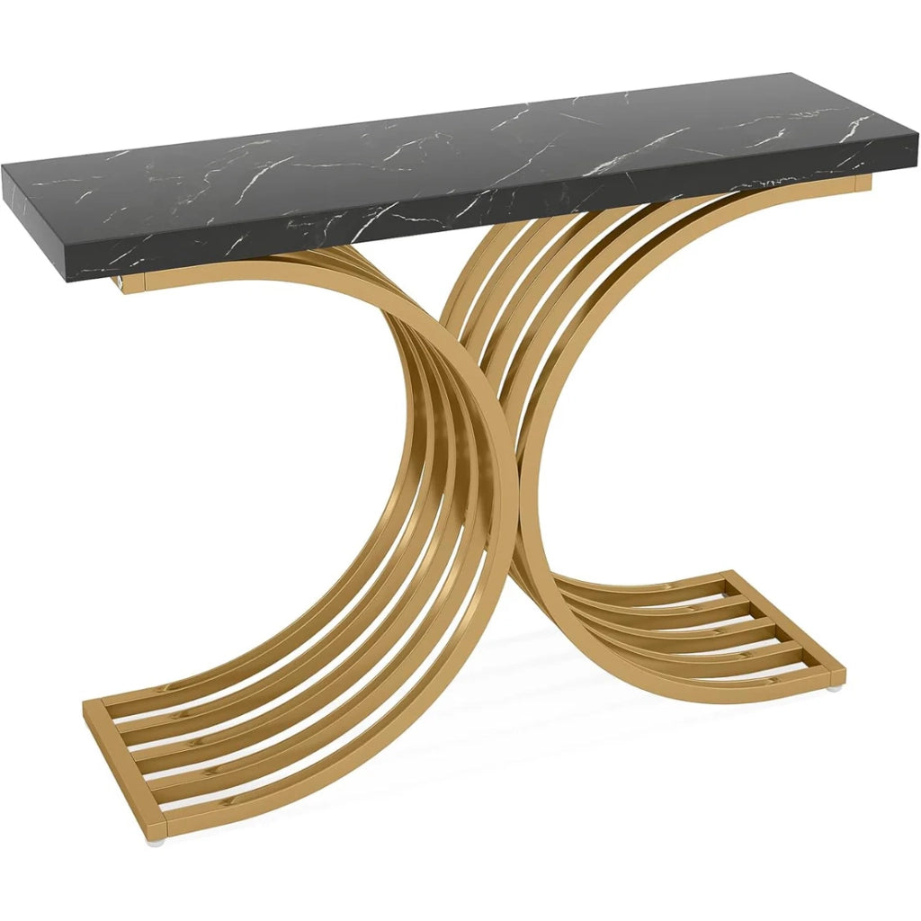 Consolle elegante in marmo e metallo con piano rettangolare per ingresso e soggiorno nero e oro 100 × 30 × 80 cm