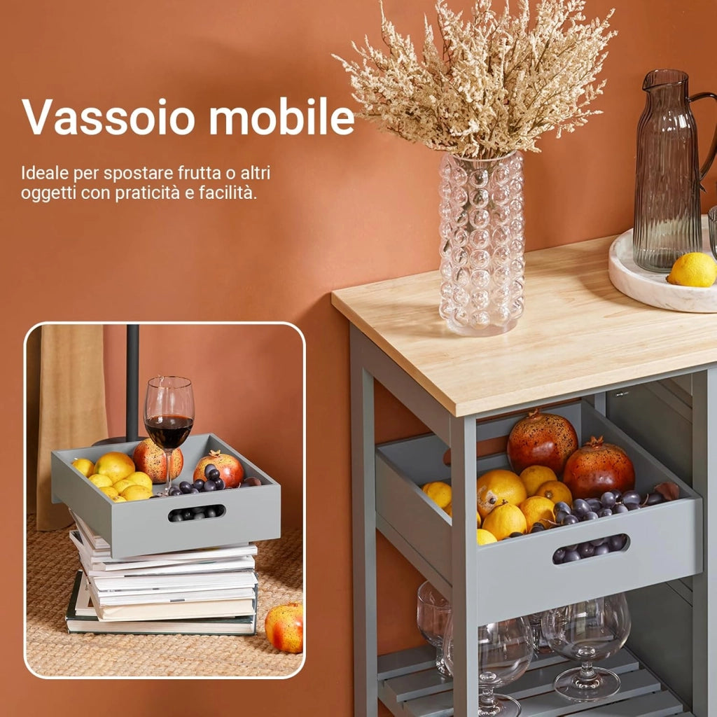 Carrello Cucina con 3 Cassetti e 1 Cestino, Mobiletto Cucina Salvaspazio con 4 Ruote Girevoli, Credenza Cucina o Bagno, Mobiletto Cucina Dispensa, L68 x P38 x A85 cm, grigio,FKW79-HG