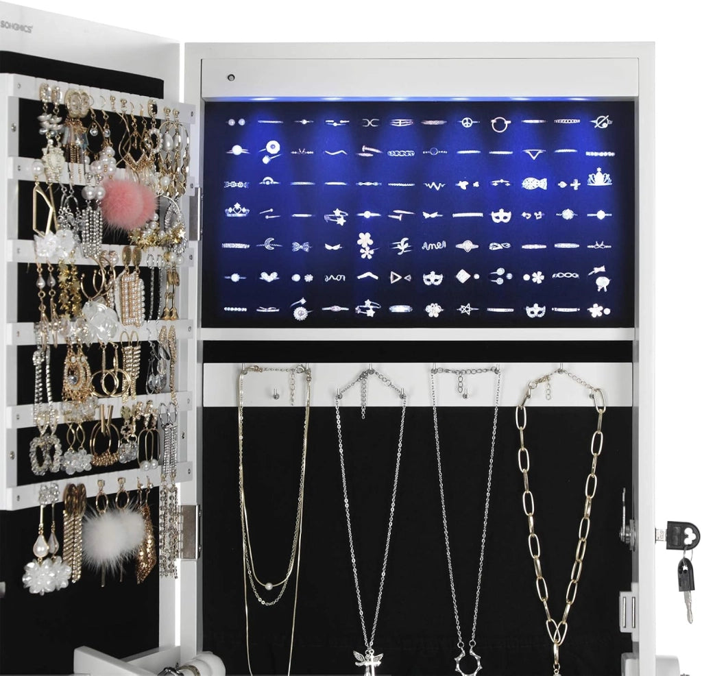SONGMICS Armadio Portagioie con Luce a LED, Specchiera, Armadietto per Gioielli Bloccabile con Chiavi, 2 Cassetti, Bianco JBC94W