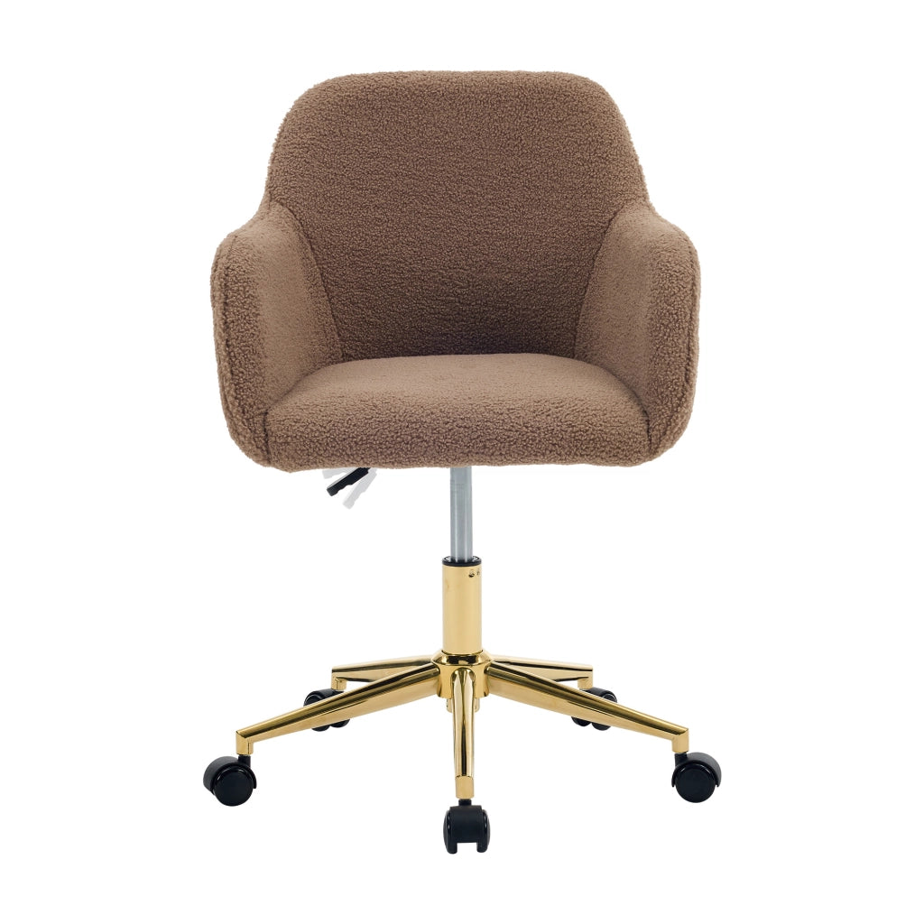 Sedia girevole da ufficio in tessuto Teddy marrone, regolabile in altezza, 360°, con base dorata e ruote universali