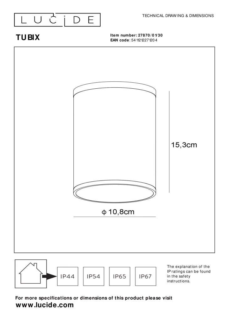 Faretto soffitto esterno IP54 E27 max 24W Tubix Lucide