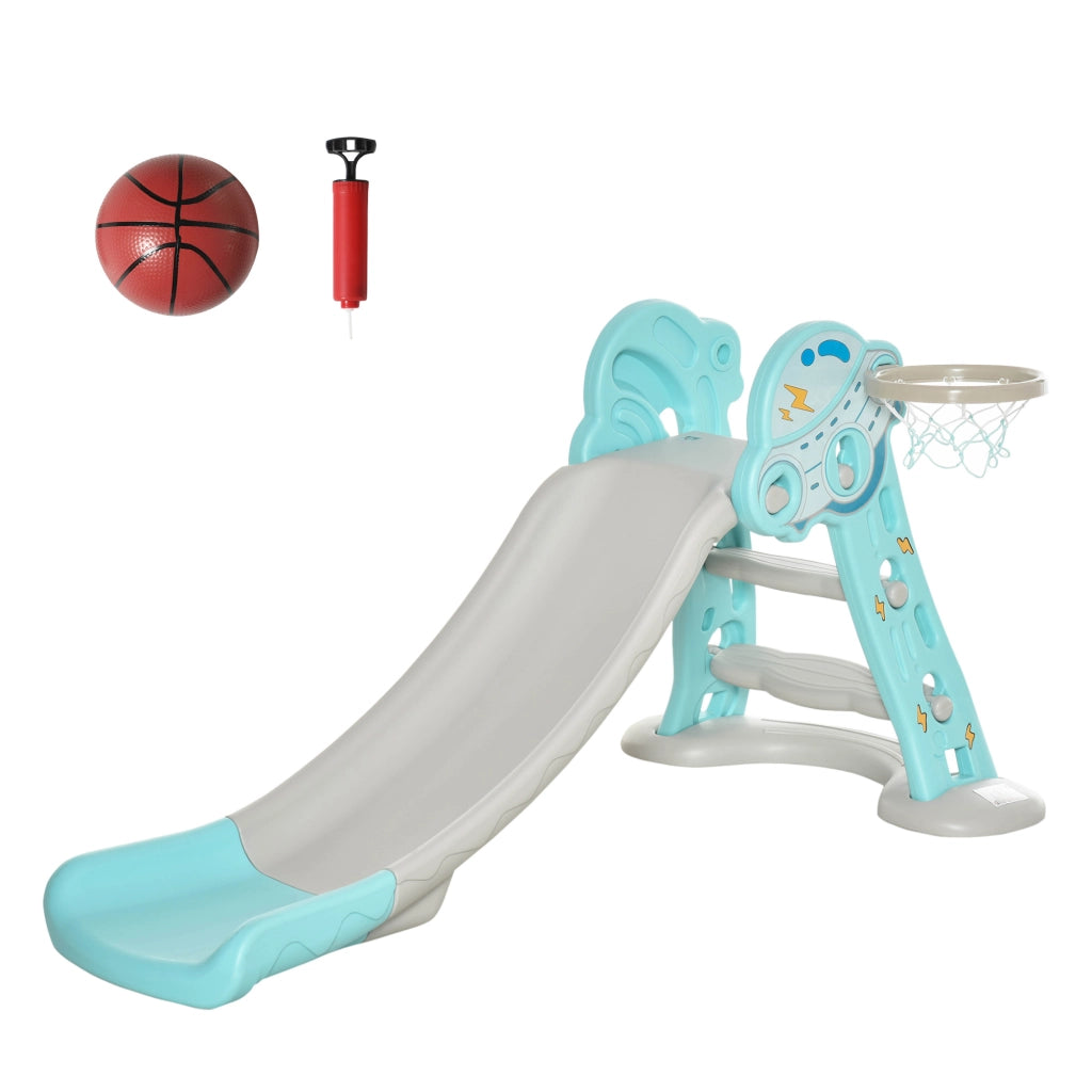 Scivolo per Bambini da 18 Mesi Pieghevole con 3 Scalini e Canestro Basket, Scivolo da Interno ed Esterno, 140x87x75cm, Blu e Grigio