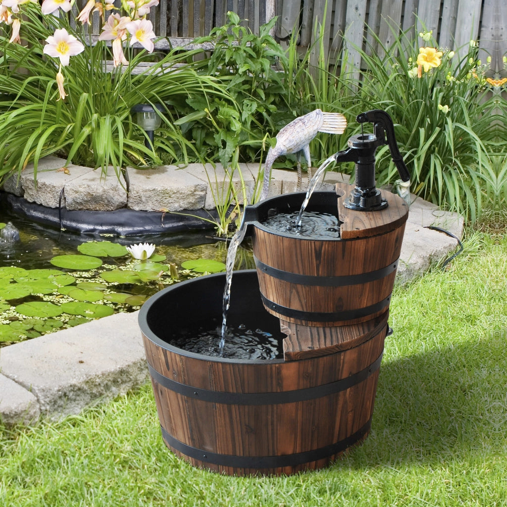 Fontana da Giardino in Legno con Pompa ¨C Zephmum ¨C 44.5x44.5x58.5 cm Marrone Scuro