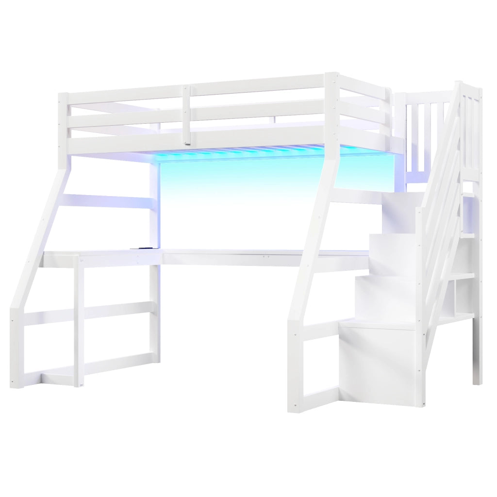 Letto a castello con mensole LED USB 90x200 cm MDF bianco pino