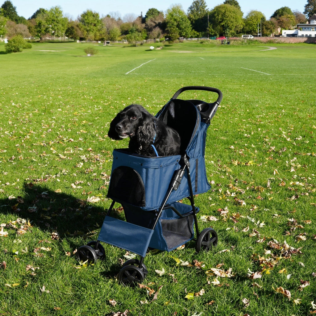 Passeggino Animali Pieghevole Blu Cane Gatto Tettuccio Antipioggia