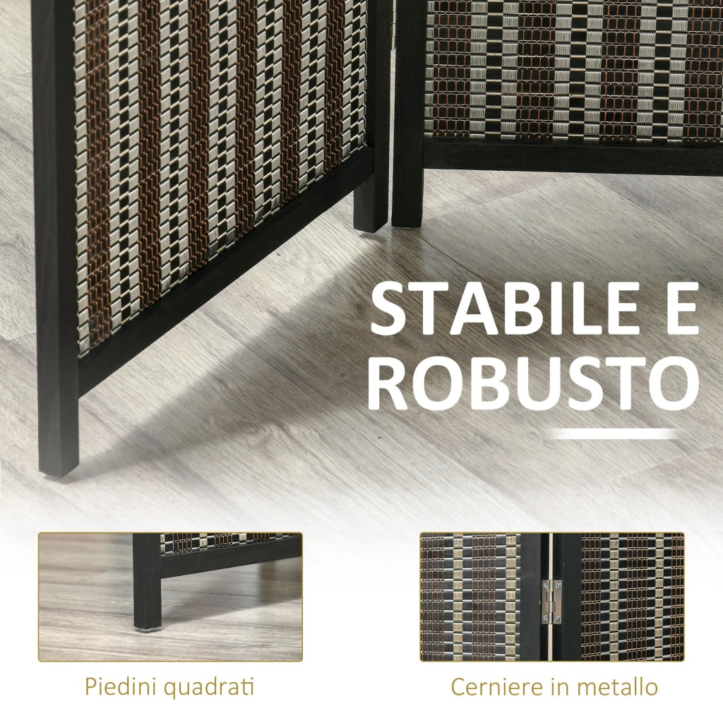 EasyComfort Paravento per Interni, Separé Pieghevole a 4 Pannelli, Divisorio per Ambienti in Legno e Bambù, 180x180x1.9cm, Nero e Marrone