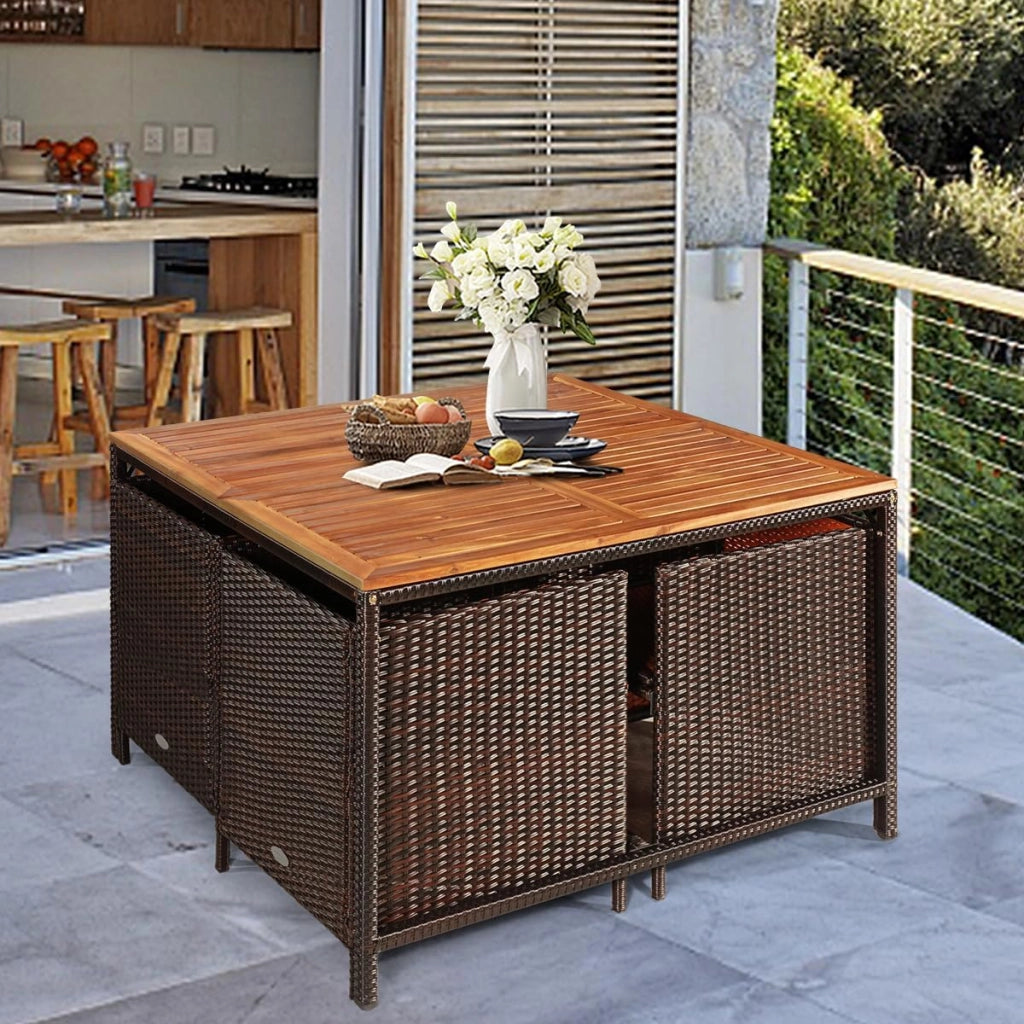 Set di mobili da giardino 8 sedie con tavolo, set da 9 mobili da giardino in rattan, con tavolo da balcone, 4 sedie da pranzo e 4 sgabelli scorrevoli (cuscini beige), KZ03907